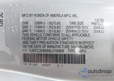 2021 Acura Rdx A-Spec z USA, uszkodzony, nr VIN 5J8TC2H66ML018968